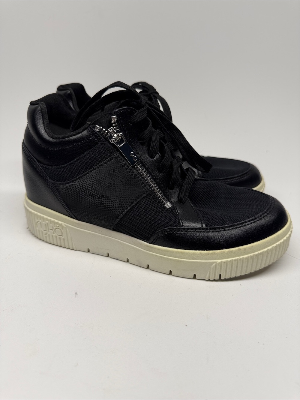 Ryka Victory Black Wedge Sneakers with Cream Platform Sole